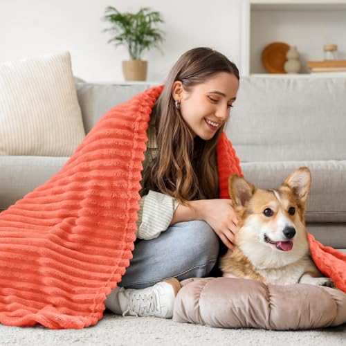Image of BEDELITE Fleece Throw Blanket for Couch - 3D Ribbed Jacquard Soft and Warm Decorative Fuzzy Blanket - Cozy, Fluffy, Plush Lightweight Coral Red Throw Blankets for Bed, Sofa, 50x60 inches