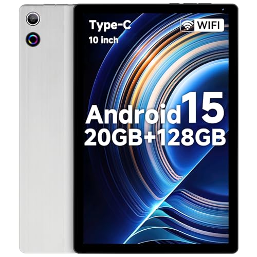 Byxsb Tablet, 10.4 inch Android 15 Tablet, 20GB RAM 128GB ROM 1TB TF Card Expandable Octa-Core, Widevine L1, 1280 * 800 HD Touchscreen, Face ID, Bluetooth 5.3, WiFi 6, Fast Charging (Silver)