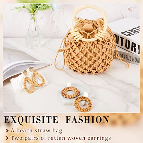 Image of Sweetude Mini Clutch Tote Handbag 2 Pairs Rattan Earrings for Women Crossbody Bag Bohemian Woven Clutch Bucket Handbag