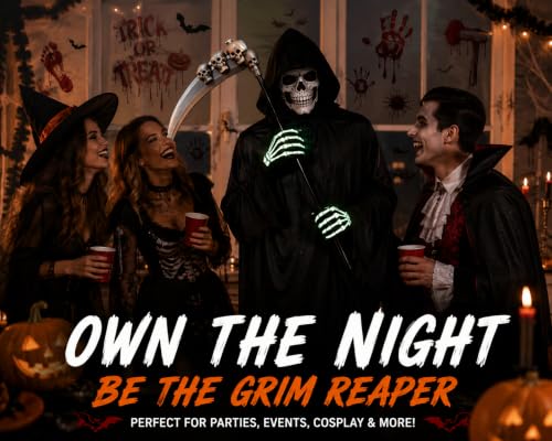 Grim Reaper Costume Adult with Scythe, Skeleton Gloves & Skull Face Cover - image 8