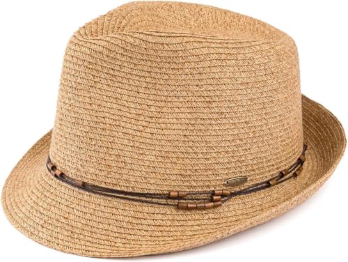 Funky Junque Womens Upf50+ Straw Fedora Hat Summer Fashion Short Brim Adjustable Multicolor Woven Pattern - Natural Multi W/Beaded Ropes