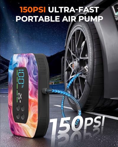 Image of 2000A Jump Starter with Air Compressor, Portable Car Battery Jump Starter, 12V Booster for Gas /Diesel Engines, 150PSI Tire Inflator 10000ma /h 33W Bidirectional Fast Charging Power Bank-Black