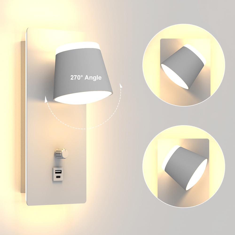 Sytmhoe 2 Pièces Appliques Murales Blanche Avec Port Usb Type C, Art Deco Led Blanc Lampe Murale Avec Interrupteur, 16W 3000K Dimmable Rotatif Liseuse Luminaires De Chevet Pour Chambre Salon Hôtel