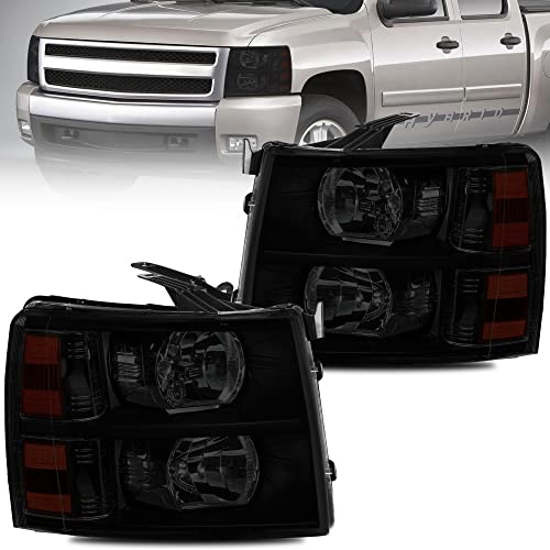 MOSTPLUS Headlight Assembly Compatible with 2007-2013 Chevy Chevrolet Silverado 1500 2500 3500 Front Lamp with Black Housing/Black Lens/Amber Reflector