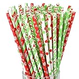 Bokon 300 Pack Christmas Paper Straws 7.75 Inches Red Lime Green Stripe Christmas Straws Disposable Drinking for Xmas Holiday Party Supply