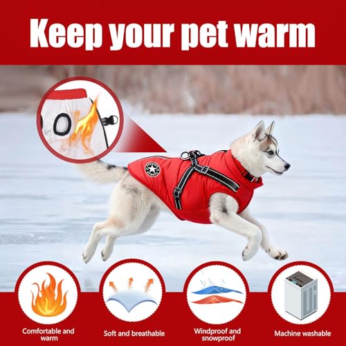 Hundejacke Winterweste Jacken, Hundejacke mit Geschirr, Hundemantel Wasserdicht, Warmer Hunde Wintermantel, Hunde Winterweste gefüttert, Maschinen Waschbarer, Wasserdicht (XL, Rot)