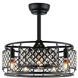 YYEHON Bladeless Ceiling Fan with Lights and Remote Control, Modern Farmhouse Small Fandelier, Caged Chandelier Fan for Bedroom Kitchen Living Room Kids Room, 18.9 Inch, Black