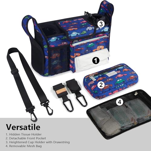 Image of TOPDesign Universal Baby Stroller Organizer, Stroller Caddy with Detachable Mesh Bag & Heightened Insulated Cup Holders & Non-Slip Secure Hooks Accessories, Fits Most Strollers (Cars)