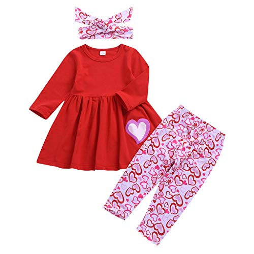 Toddler Baby Girl Valentine\'s Day Outfits Ruffle Tunic Top Dress Shirt Carriage Love Heart Print Flare Pants Clothes Set (Red-Pink Heart, 1-2T)