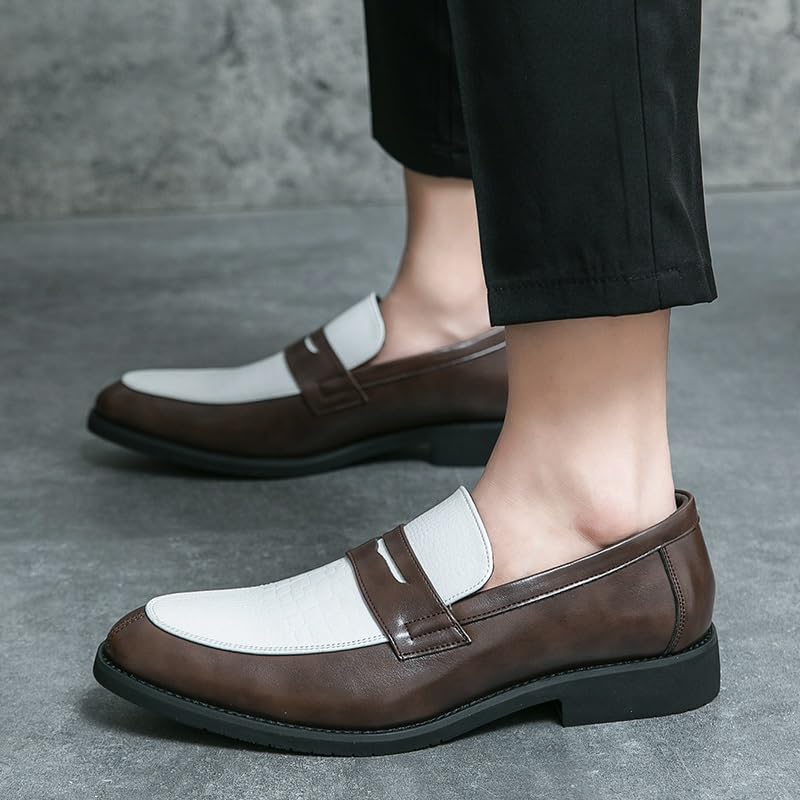 Dress Shoes for Men Slip On Round Toe PU Leather Two Tone Penny Loafers Block Heel Rubber Sole Slip Resistant Casual3