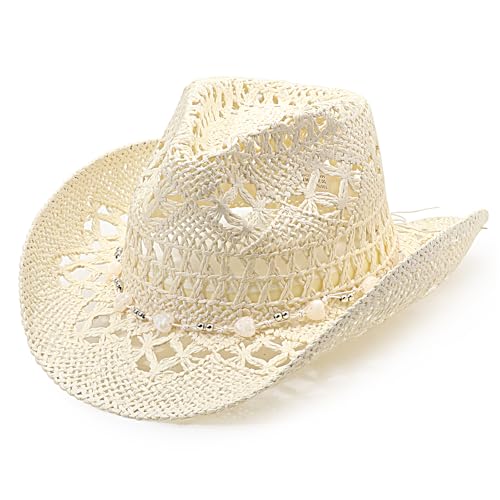Image of DRESHOW Straw Cowboy Cowgirl Hat for Women Men Western Coastal Cowboy Beach Hat with Shapeable Brim Unisex Rolled up Caps