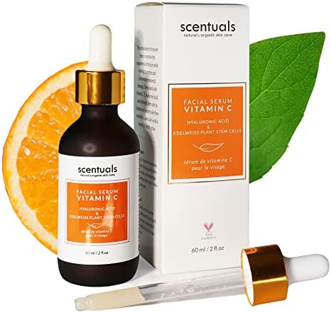 Scentuals Vitamin C Serum for Face, Anti Aging Face Serum with Hyaluronic Acid, Edelweiss Plant Stem Cells, Vitamin E, Brightening Serum, Reduce Fine Lines & Wrinkles, Water-Based 2 fl.oz | 60 ml