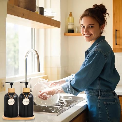 Image of 2 Pack ViserVita Glass Hand Soap Dispenser Set with Bamboo Pump, Elegant Refillable Liquid Dish Soap Dispenser with Tray, Perfect for Kitchen Sink and Bathroom Decor