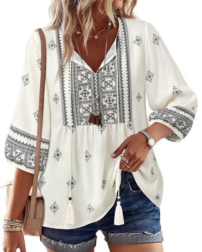 Image of Vivilli Womens Summer Boho Babydoll Tops 3 /4 Sleeve Pleated Peplum Blouses Casual V Neck Tie Front 2026 Tunic Tops