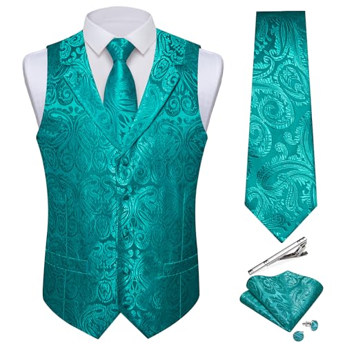 DiBanGu Men's Vest and Tie Set Silk Paisley Suit Vest and Necktie Pocket Square Cufflinks with Tie Clip for Wedding Party