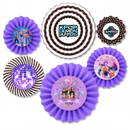 Image of Wanna Party Purple Korean Pop Inspired Paper Fan Decorations, Set of 6 | Hanging Rosette Fans for Birthday, Dance Party, Photo Backdrop, Cake Table & Celebration Decor