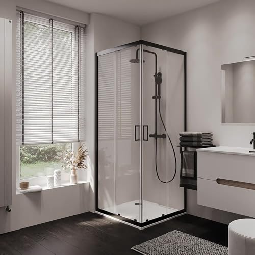 Box Doccia Angolare Mod. Java 80x80cm Apertura Scorrevole Vetro Temperato 6mm Trasparente Profili in Alluminio Nero Opaco 16 Carrelli Scorrevoli Maniglia in ABS