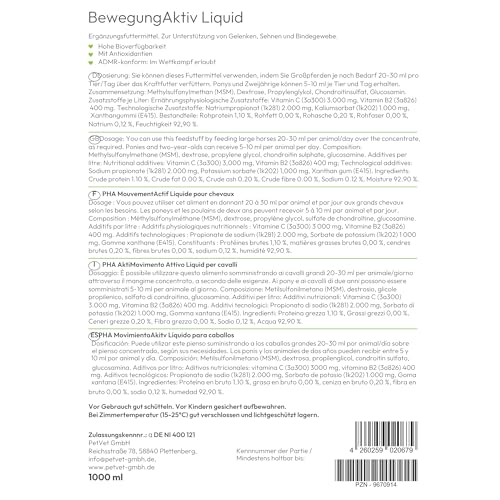 PHA BewegungAktiv Liquid für Pferde - Unterstützt Gelenke, Knorpel, Sehnen & Mobilität, mit MSM Pferd, Glucosamin, Chondroitin, Vitaminen, Mineralien, Alternative zu Teufelskralle Pferd, 1L