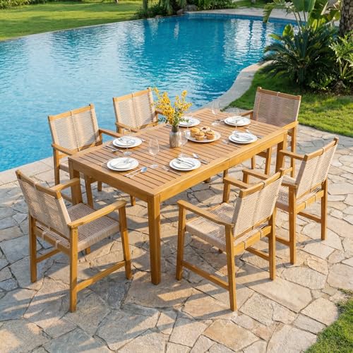 Image of Acacia 7 Pieces Outdoor Dining Set for 6-Person, 63 inch L Classic Rectangular Table & 6 Handwoven Rope Chairs - Eucalyptus Grandis Solid Wood, Weather Resistant Patio Furniture Set, Natural