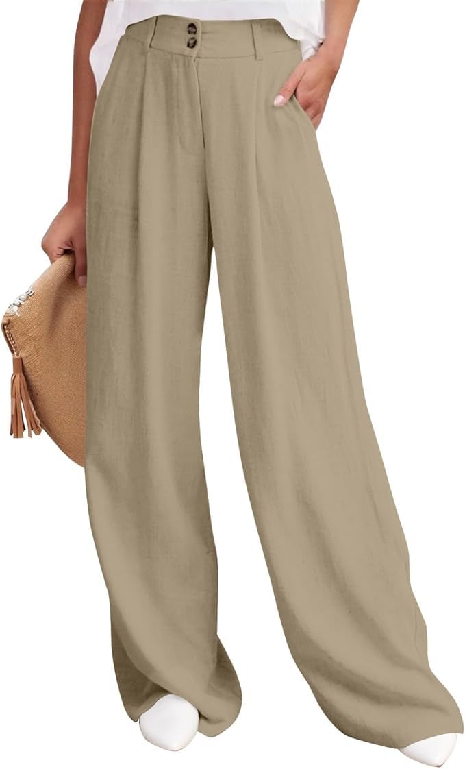 Womens High Waist Button Wide-Leg Pants Office Work Casual Dress Palazzo Pant Business Trendy Linen Slacks Trouser
