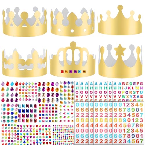 52 Pcs Paper Crowns Gold Paper Party Hats Set with 28 Sheets Gem Jewels Alphabet Number Letter Stickers Jubilee Hats Crowns for Adults DIY Papers Crown Princess Prince Crown for Party Celebration
