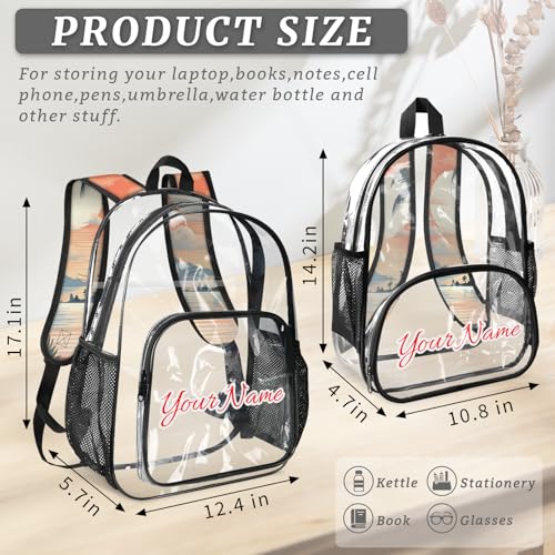 Personalized Large Clear Backpack Stadium Approved Heavy Duty PVC Plastic Custom Transparent Backpacks See Through Bag with Name, Ocean Beach Tropical Palm Leaves4