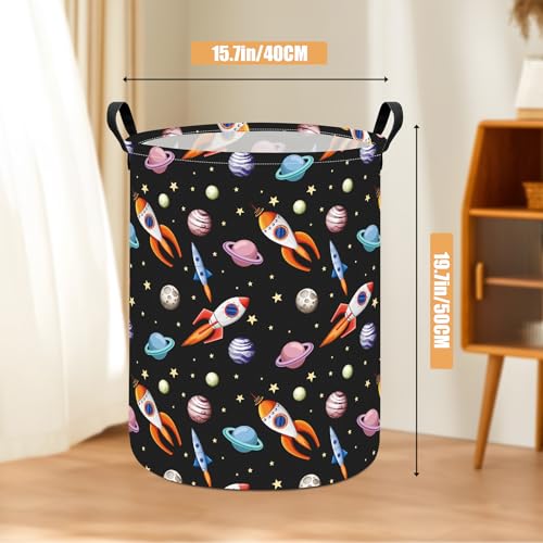 Image of Round Laundry Basket Collapsible Storage Hamper Organizer Planet Rocket | Waterproof Canvas Foldable Baskets with sturdy Handles Multi-scene Organizer for Home Play Bedroom Gift Bin