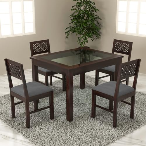 Image of Solid Sheesham Wood Dining Glass Top Table Set of 4| Wooden 4 Seater Dining Table with 4 Chairs with Cushion|Wood Dining Table & Chairs for Home, Restaurant, Cafe,Dining Room|Walnut Finish