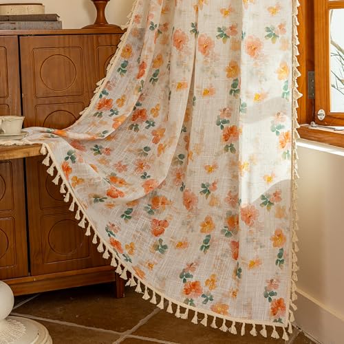 Image of MYSKY HOME Floral Boho Linen Curtains 96 inch Long 2 Panels Set Farmhouse Vintage French Orange Printed Semi Sheer Light Filtering Window Drapes with Tassels Back Tab for Living /Dining Room, 50 inch Wide