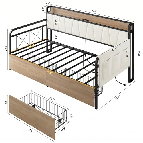 Image of LIKIMIO Daybed with Storage Drawers, Twin Day Bed Frame with Boucle Upholstered Headboard and Charging Station, Sofa Day Bed with Strong Supports for Living Room, Bedroom and Guest Room, Cream