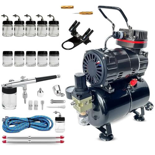 Andreas Dell Airbrush-Set mit 4-bar Kompressor – Airbrush- & Lackierpistolen, Komplett-Set für Tattoo, Kunst, Malerei | Nadeln & Düsen | Dual-Set mit Manometer & Luftfilter