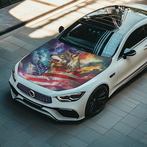 Image of Car Hood Cover 59x39 Inch Stretchable Wolf and American Flag Print Auto Hood Wraps Waterproof Auto Outdoor Decorations for Compact Sedans SUV Trucks Minivan