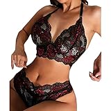 Dessous Outfit Damen Sexy, Damen Dessous Set Spitzen Reizwäsche Set Erotisch BH und Höschens Set Aushöhlen Unterwäsche Frauen V-Ausschnitt Sexy Zweiteiliger BH und Slip Lingerie Set