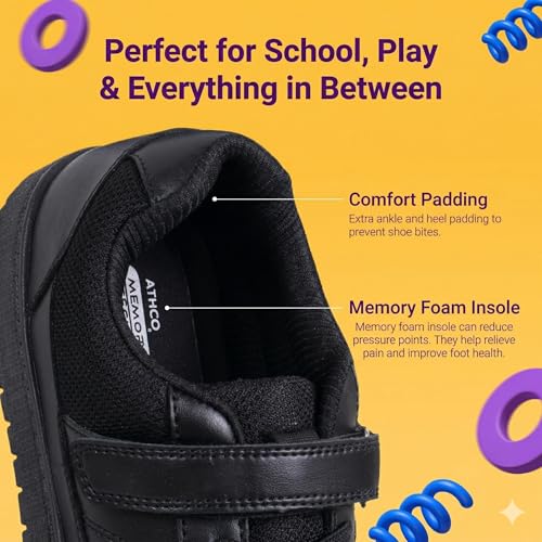 Image of ATHCO Scholar School Shoes Black for Boys & Girls| Soft Cushioned Memory Foam Heel Pad Support|Uniform Shoes | Lightweight | Velcroo |Easy Wear & Care|Padded Textured Heel Grip Lining | Breathable | All Day Comfort