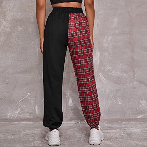 Women Baggy Y2k Straight Leg Cargo Pants Punk Pockets High Waist Chain Casual Plaid Trousers Pants4