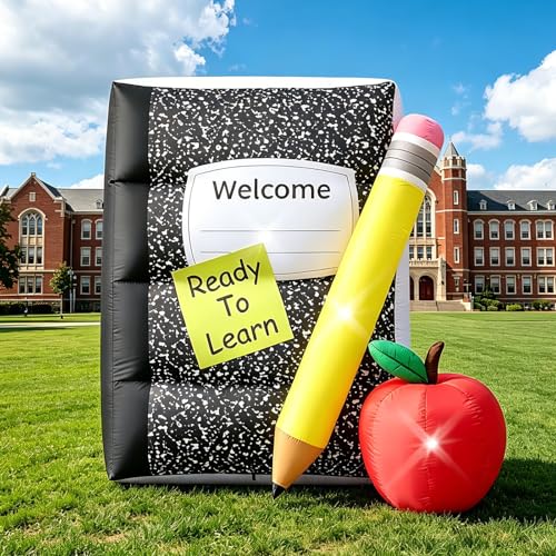 5FT Back to School Inflatable Outdoor Decorations Giant Blow Up Composition Notebook with Pencil Built-in 3 LED Lights for First Day of School Welcome Party Classroom Garden Yard Decor Photo Props