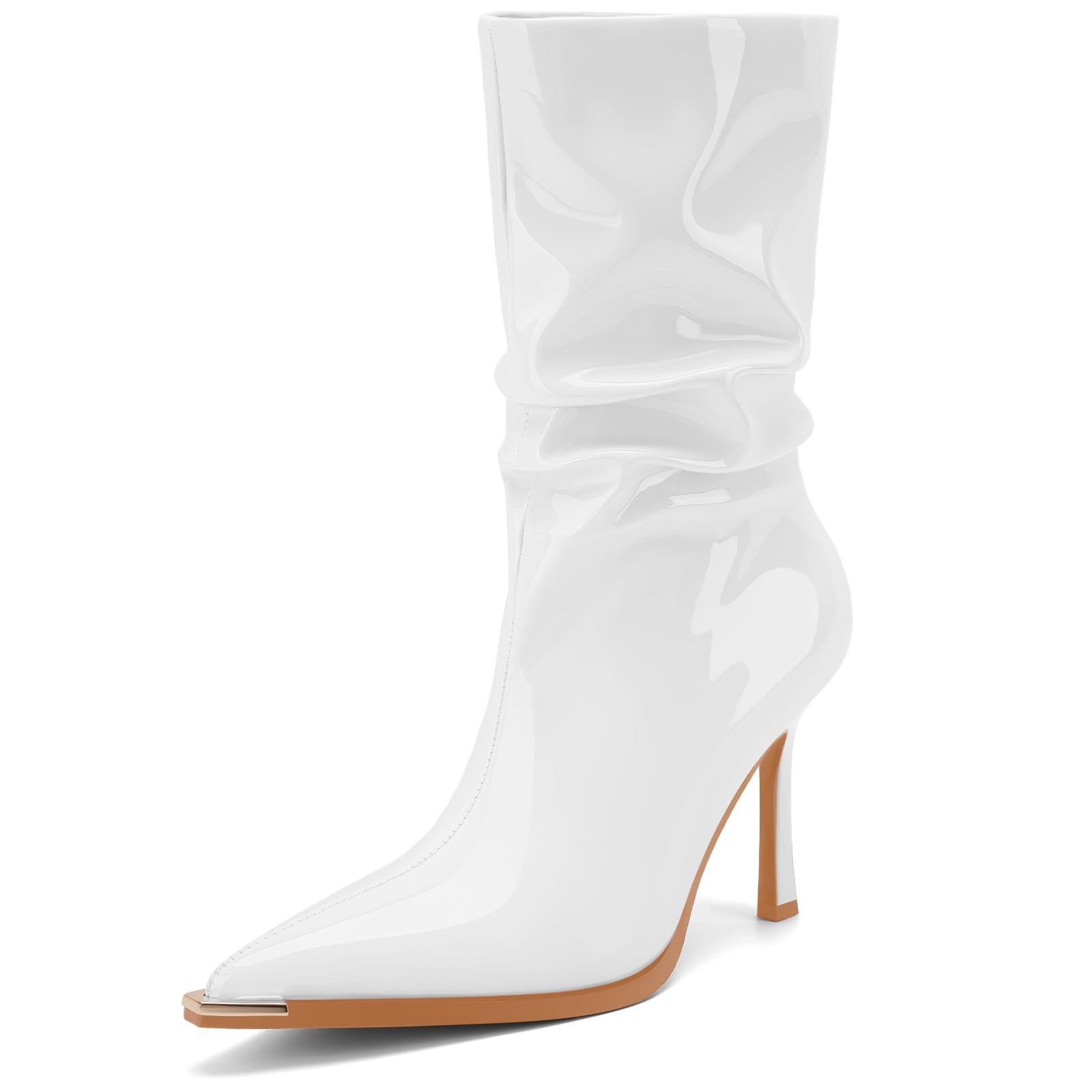 Womens Slouchy Mid Calf Boots Pointed Toe Stiletto Heel Pull On Fashion Patent Leather Ankle Boots Casual Office