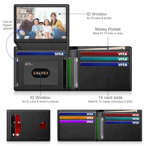 Image of Wallet for Men Slim RFID Blocking Leather Credit Card Holder Wallet for 14 Cards, Bifold Minimalist Thin Wallet with 2 ID Windows & Cash Slot, Front Pockt Carteras Para Hombres, Birthday Gifts for Men
