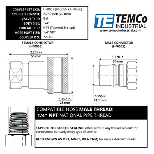 Image of TEMCo 1 /4 inch Female NPT Thread 1 /4 inch Body Pair Hydraulic Coupler ISO 7241B Ball Valve Quick Connect for Tractors and Ag Equipment Fits Pioneer Parker Format - HF0057 (HF0055 + HF0056)