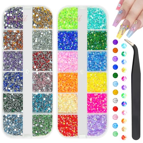 qiipii 24 Color 2mm Small Resin Rhinestones for Bedazzling Crafting SS6 Tiny Flatback Stones Colorful AB Jelly Craystal Gems Diamonds Charms for Nails Eyes Face Makeup Tumblers Bottles Crafts Shoes