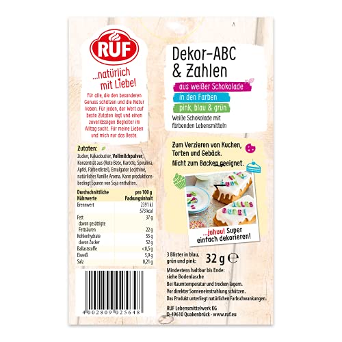 RUF Dekor ABC-Buchstaben und Zahlen für süße Botschaften aus weißer Schokolade mit natürlichen Farben aus Lebensmitteln, in grün, lila und blau, glutenfrei, 1x32g