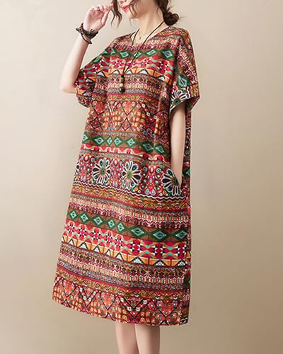 Image of LUZU JUNU Women's Summer Baggy Plus Size Loose Cotton Linen Long Boho Beach Dress with Pockets