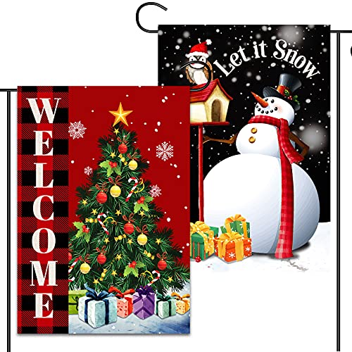 2 Pack Farmhouse Christmas Garden Flag 12x18 Double Sided, Decorative Christmas Tree Welcome Garden Flag, Vertical Burlap Let it Snow Snowman Garden Flags for Rustic Outdoor Yard Decor