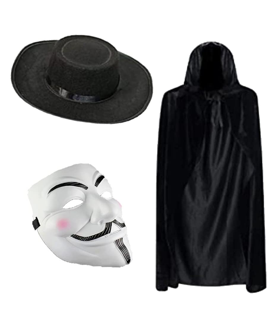 Royal Fashion Adult Unisex Anonymous Hacker Mask V Vendetta Hooded Velvet Cloak Capes Halloween Costume AND Hat Fancy Party Dress Accessory, Black / White