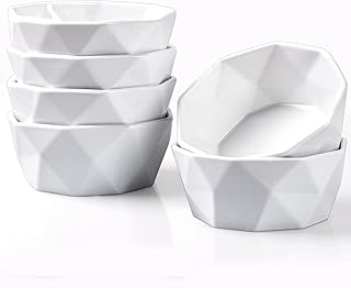 6 Oz Porcelain Ramekins/Dessert Bowls - Delling Geometric Ramekins Souffle Dishes - White Snack/Ramekins/Creme Brulee Dish...