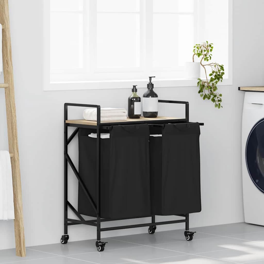 Panier à linge 2 compartiments noir et chêne 67x33x82 cm