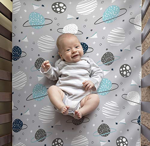 Image of BROLEX Baby Fitted Crib Sheets: Kid Crib Sheets - Set of 2 for Toddler Standard Size Crib Mattress for Boys and Girls - Jersey Knit Crib Bed Sheets Space Planet