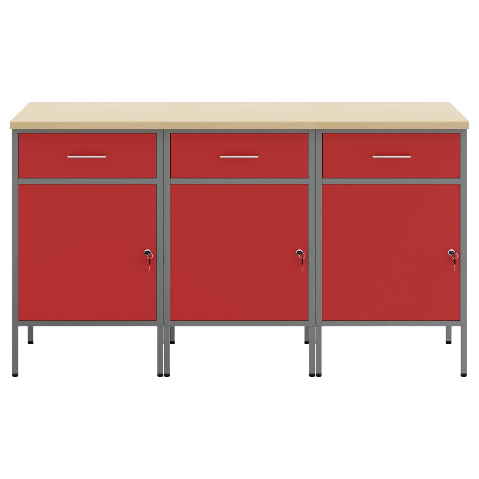 Banco da lavoro con cassetti in legno e acciaio, 150 x 55 x 85 cm, rosso e grigio, con armadietto porta attrezzi e pannello forato, sistema di organizzazione versatile per officina, garage e