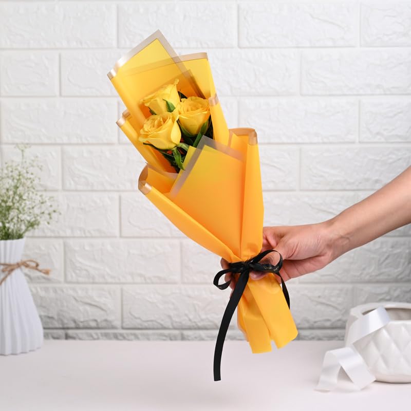 Image of FlowerAura Premium Fresh Live Flower Bouquet of 3 Yellow Roses In Designer Paper Gift For Birthday | Anniversary | Love | Home Decor | Fathers Day Gift For Dad (Same Day Delivery)