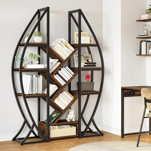 DWVO Oval Bookshelf, Triple Wide 5 Tier Etagere Bookcase, Industrial Display Shelves for Living Room, Bedroom, Home Office, Rustic Brown